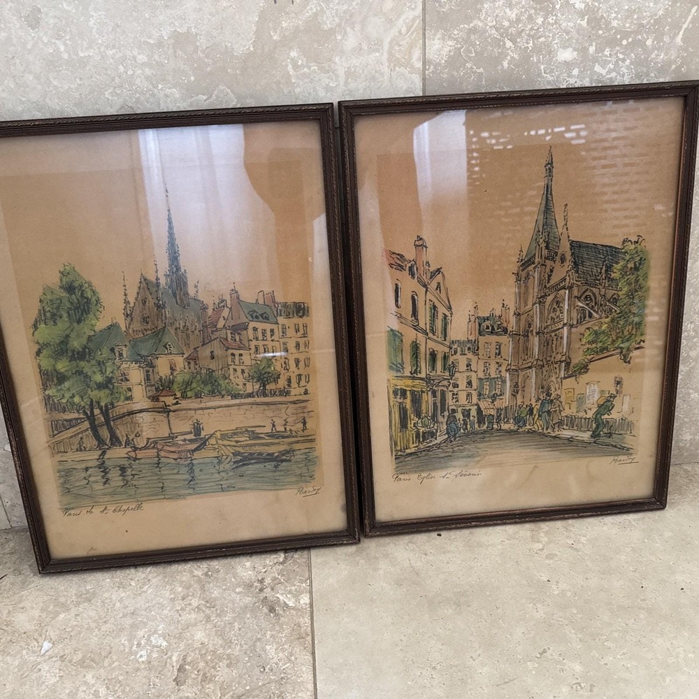 Lot of 2 Vintage French Artist Signed Seraly Barclay• Hand Colored Print 12.5x17